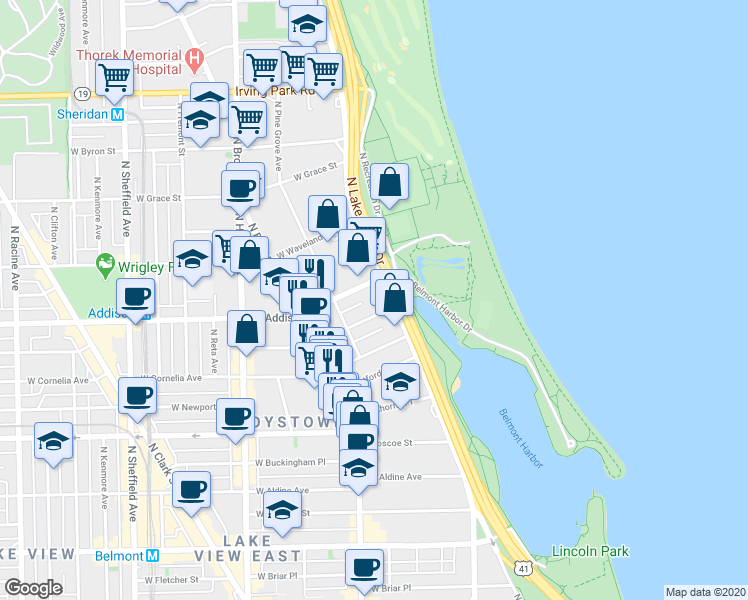 map of restaurants, bars, coffee shops, grocery stores, and more near 517 West Brompton Avenue in Chicago