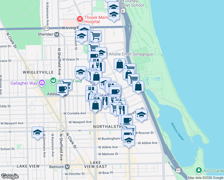 map of restaurants, bars, coffee shops, grocery stores, and more near 631 West Addison Street in Chicago
