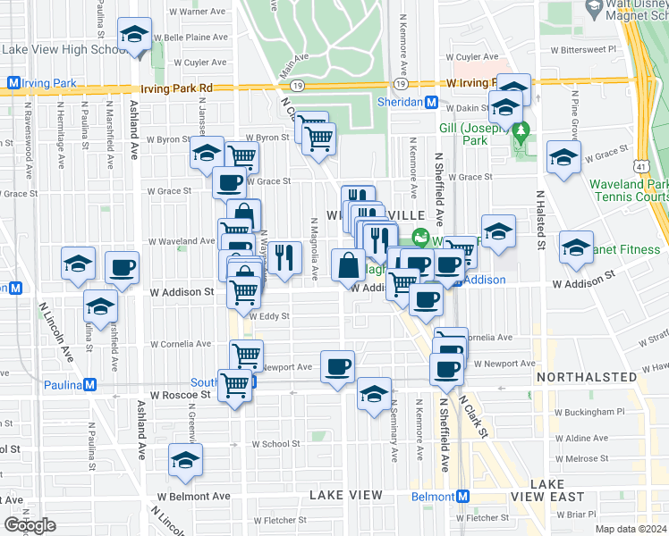 map of restaurants, bars, coffee shops, grocery stores, and more near 1216 West Addison Street in Chicago