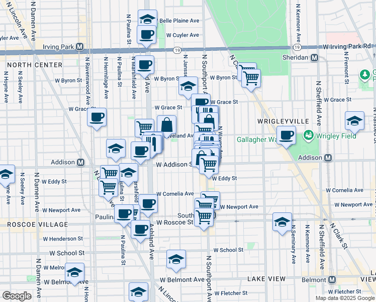 map of restaurants, bars, coffee shops, grocery stores, and more near 3617 North Greenview Avenue in Chicago
