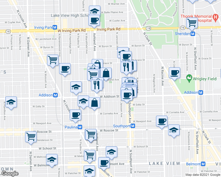map of restaurants, bars, coffee shops, grocery stores, and more near 3611 North Bosworth Avenue in Chicago