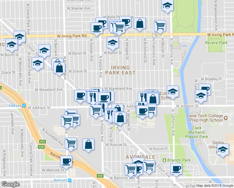 map of restaurants, bars, coffee shops, grocery stores, and more near 3625 North Albany Avenue in Chicago