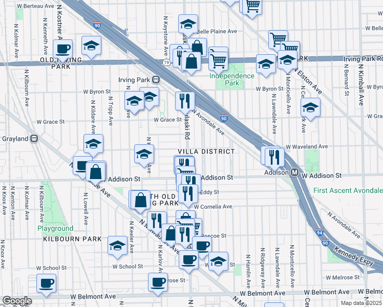 map of restaurants, bars, coffee shops, grocery stores, and more near 3638 North Pulaski Road in Chicago