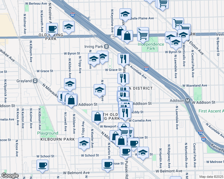 map of restaurants, bars, coffee shops, grocery stores, and more near 4038 West Patterson Avenue in Chicago