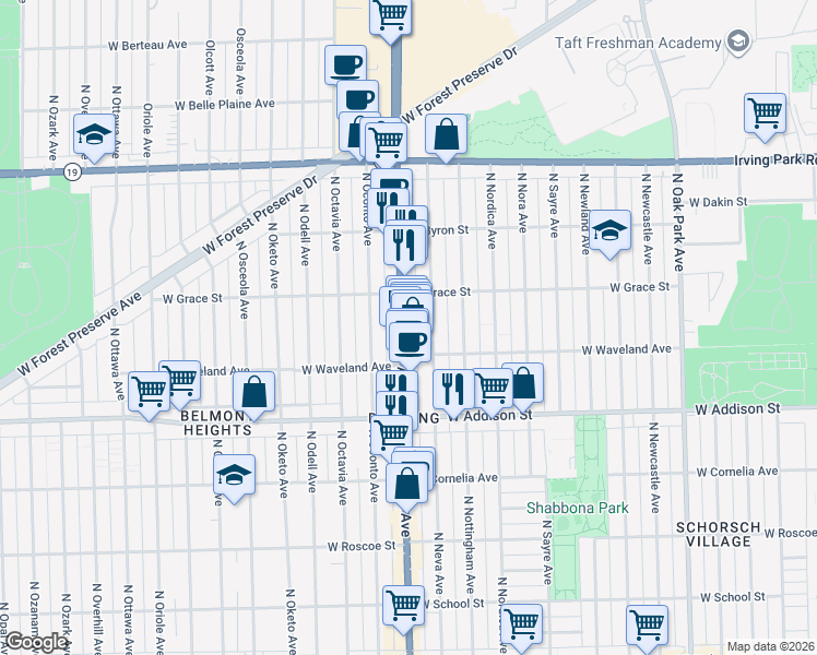 map of restaurants, bars, coffee shops, grocery stores, and more near 3713 North Harlem Avenue in Chicago