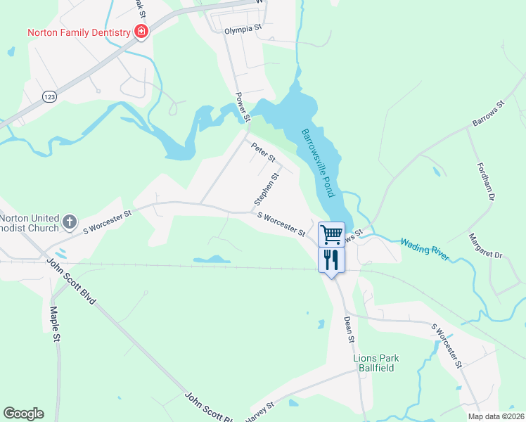 map of restaurants, bars, coffee shops, grocery stores, and more near 155 South Worcester Street in Taunton