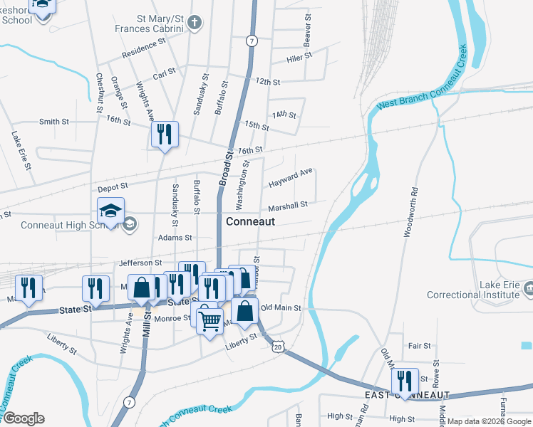 map of restaurants, bars, coffee shops, grocery stores, and more near 178 Poplar Street in Conneaut