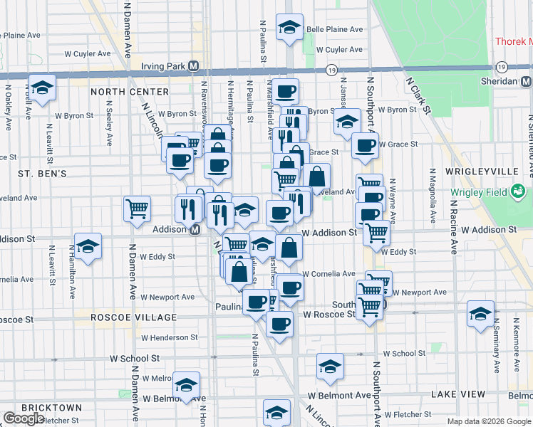 map of restaurants, bars, coffee shops, grocery stores, and more near 3614 North Marshfield Avenue in Chicago