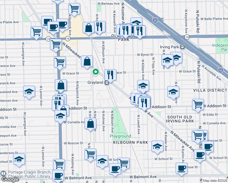 map of restaurants, bars, coffee shops, grocery stores, and more near 3644 North Kenneth Avenue in Chicago