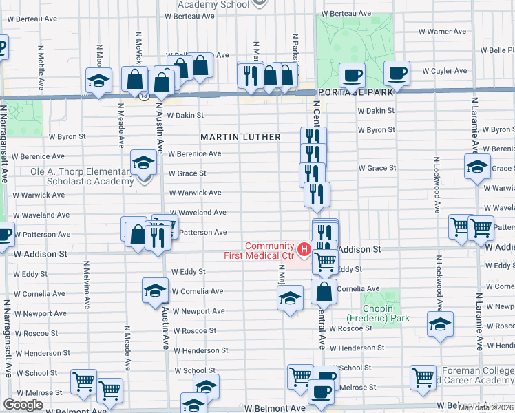 map of restaurants, bars, coffee shops, grocery stores, and more near 5743 West Waveland Avenue in Chicago