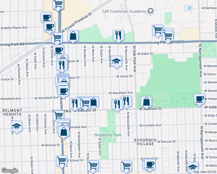 map of restaurants, bars, coffee shops, grocery stores, and more near 3705 North Newland Avenue in Chicago