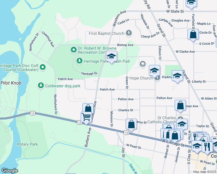 map of restaurants, bars, coffee shops, grocery stores, and more near 146 Hatch Avenue in Coldwater