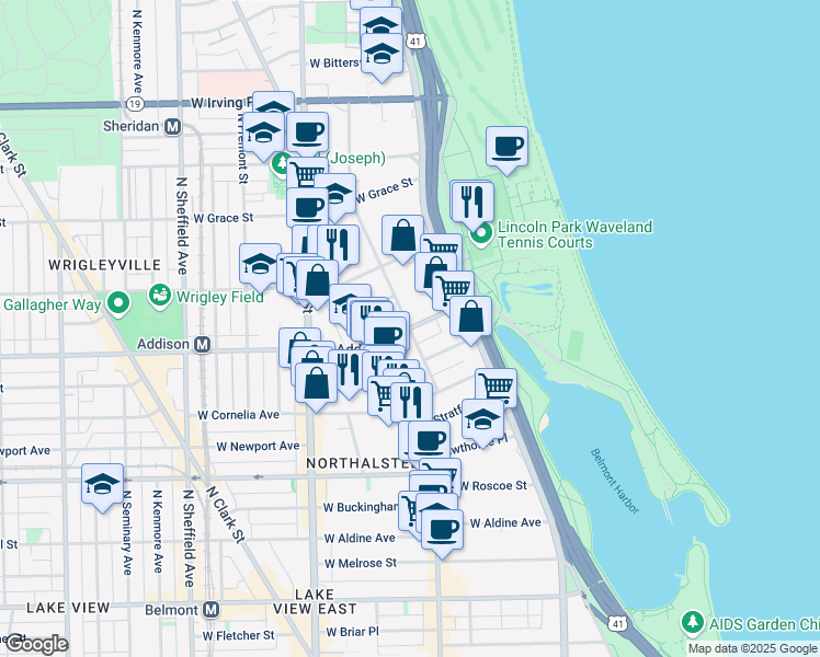 map of restaurants, bars, coffee shops, grocery stores, and more near W Addison St & N Pine Grove Ave in Chicago