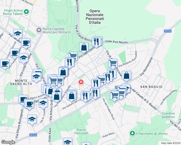 map of restaurants, bars, coffee shops, grocery stores, and more near 36 Via Adriano Tilgher in Roma