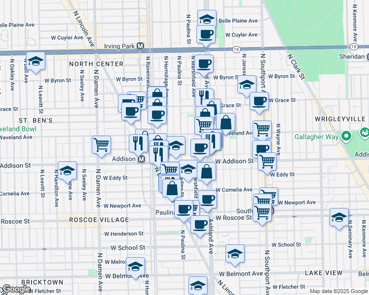 map of restaurants, bars, coffee shops, grocery stores, and more near 3631 North Paulina Street in Chicago