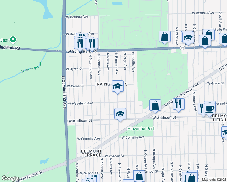 map of restaurants, bars, coffee shops, grocery stores, and more near 3740 North Panama Avenue in Chicago