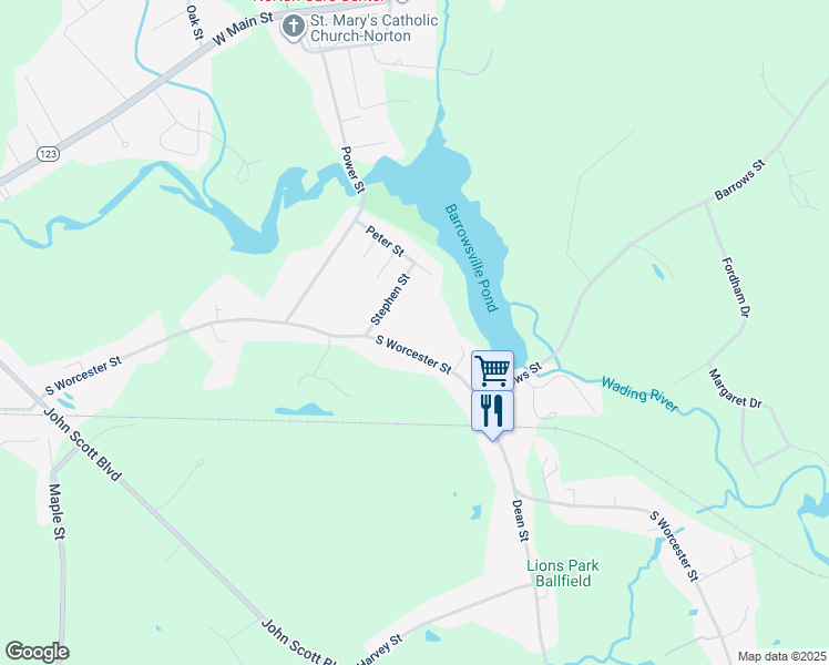 map of restaurants, bars, coffee shops, grocery stores, and more near 168 South Worcester Street in Taunton
