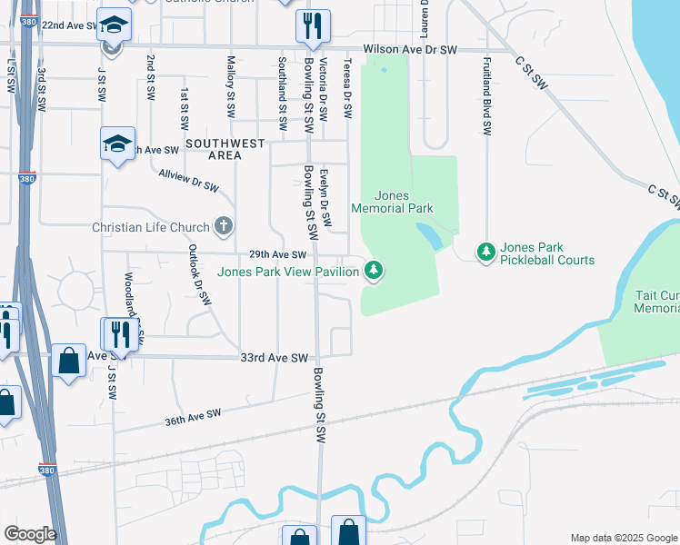 map of restaurants, bars, coffee shops, grocery stores, and more near 51 29th Avenue Drive Southwest in Cedar Rapids