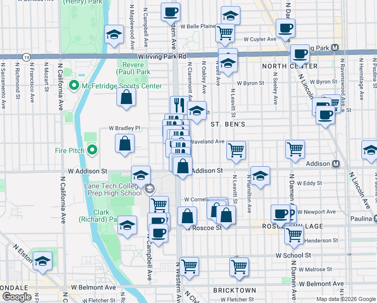 map of restaurants, bars, coffee shops, grocery stores, and more near 3638 North Claremont Avenue in Chicago