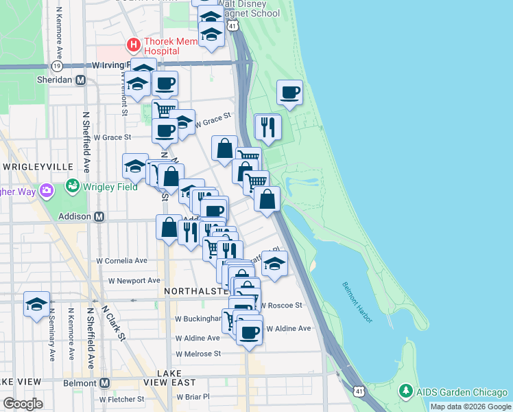 map of restaurants, bars, coffee shops, grocery stores, and more near 3550 North Lake Shore Drive in Chicago