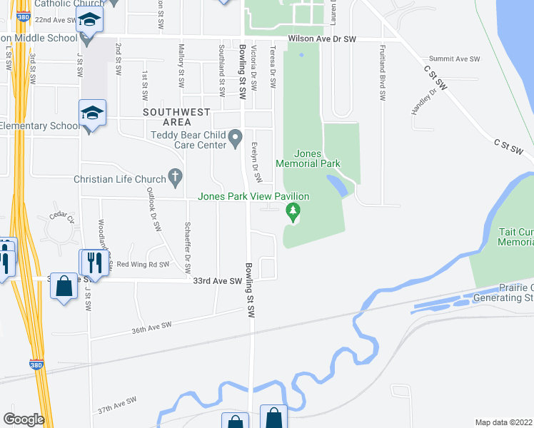 map of restaurants, bars, coffee shops, grocery stores, and more near 2955 Bowling Street Southwest in Cedar Rapids