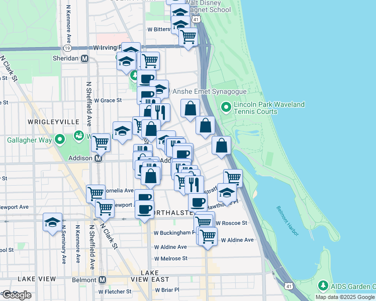 map of restaurants, bars, coffee shops, grocery stores, and more near 3604 North Pine Grove Avenue in Chicago