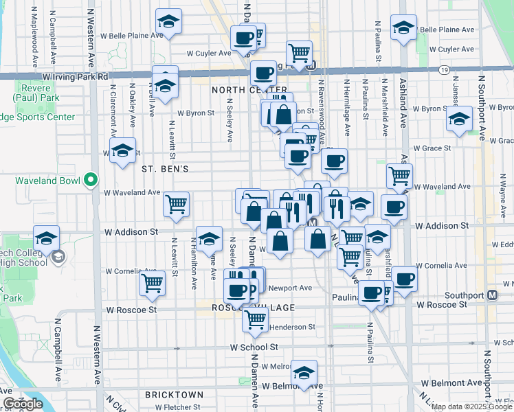 map of restaurants, bars, coffee shops, grocery stores, and more near 1946 West Patterson Avenue in Chicago