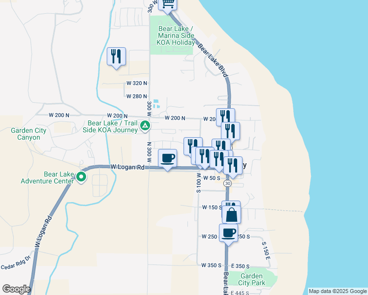 map of restaurants, bars, coffee shops, grocery stores, and more near 147 West Logan Road in Garden City
