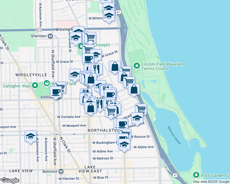 map of restaurants, bars, coffee shops, grocery stores, and more near 631 West Addison Street in Chicago