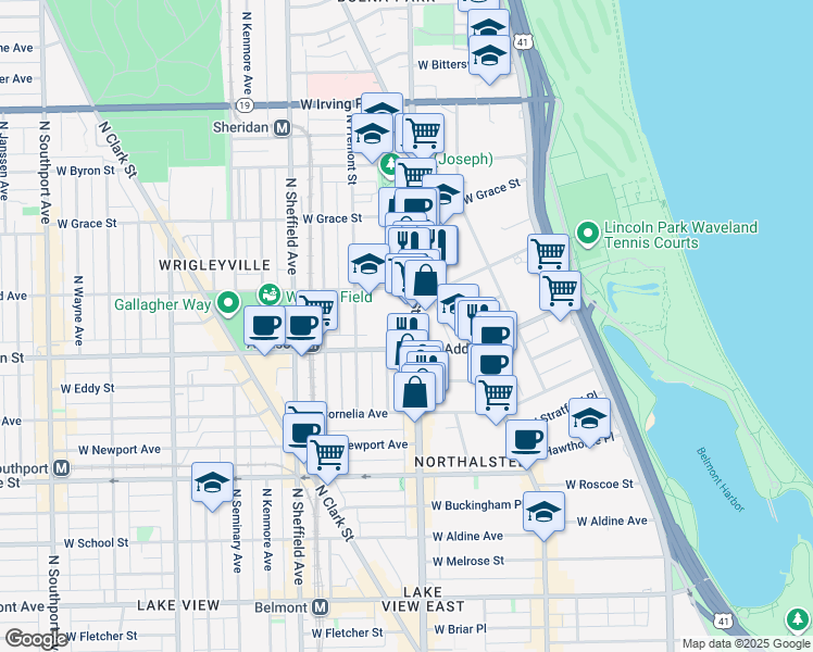 map of restaurants, bars, coffee shops, grocery stores, and more near 3600 North Halsted Street in Chicago