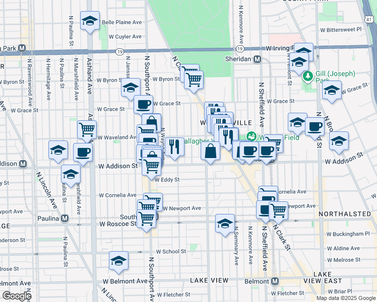 map of restaurants, bars, coffee shops, grocery stores, and more near 1216 West Addison Street in Chicago