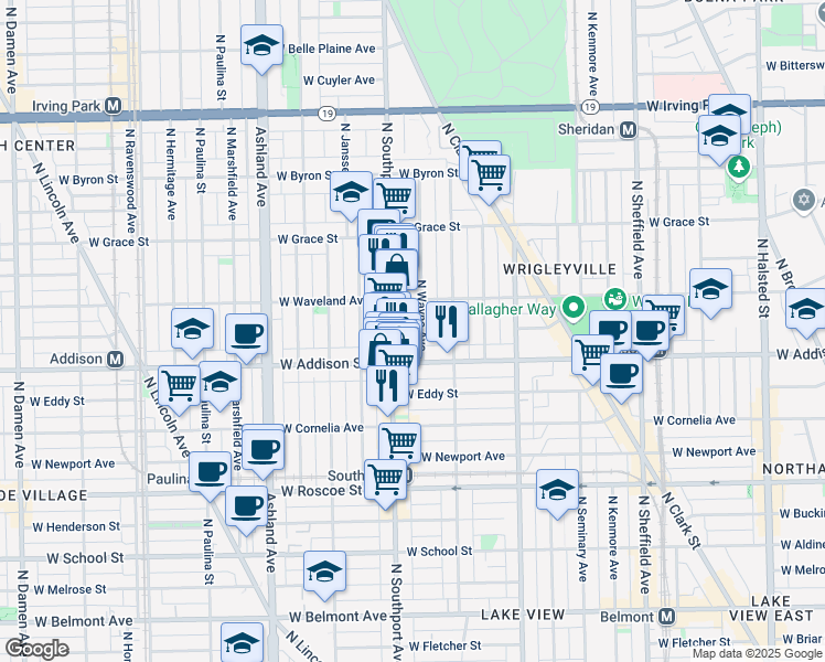 map of restaurants, bars, coffee shops, grocery stores, and more near 3610 North Wayne Avenue in Chicago