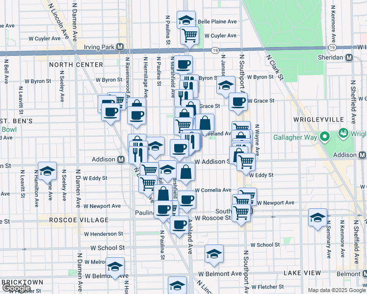 map of restaurants, bars, coffee shops, grocery stores, and more near 3614 North Ashland Avenue in Chicago