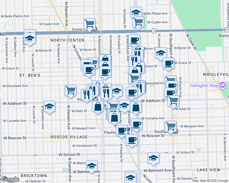 map of restaurants, bars, coffee shops, grocery stores, and more near 3615 North Hermitage Avenue in Chicago