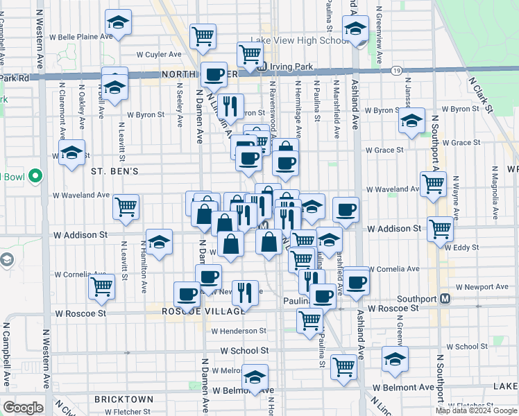 map of restaurants, bars, coffee shops, grocery stores, and more near 1817 West Patterson Avenue in Chicago