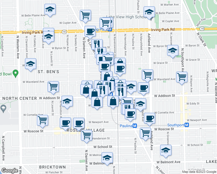 map of restaurants, bars, coffee shops, grocery stores, and more near 3652 North Lincoln Avenue in Chicago