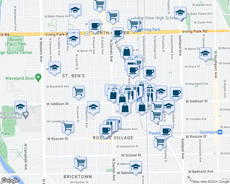 map of restaurants, bars, coffee shops, grocery stores, and more near 3619 North Damen Avenue in Chicago