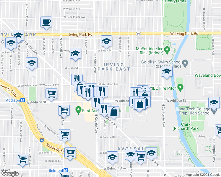 map of restaurants, bars, coffee shops, grocery stores, and more near 3625 North Albany Avenue in Chicago