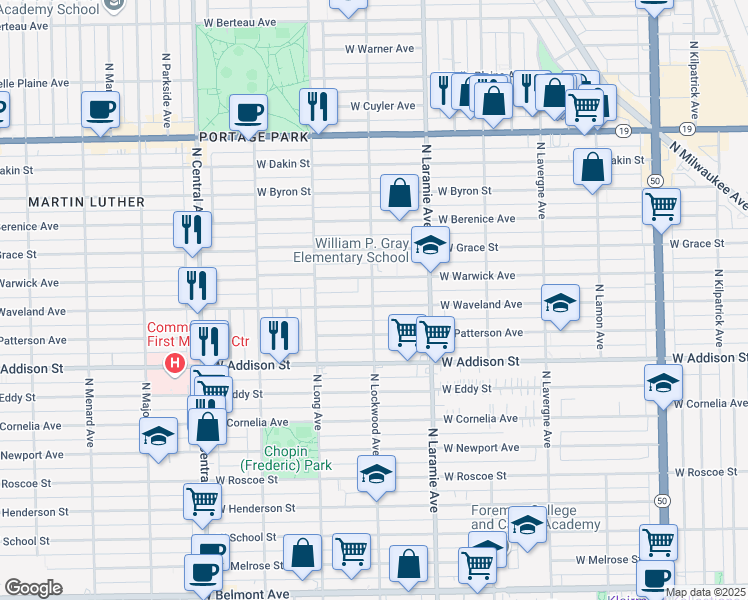 map of restaurants, bars, coffee shops, grocery stores, and more near 5251 West Waveland Avenue in Chicago