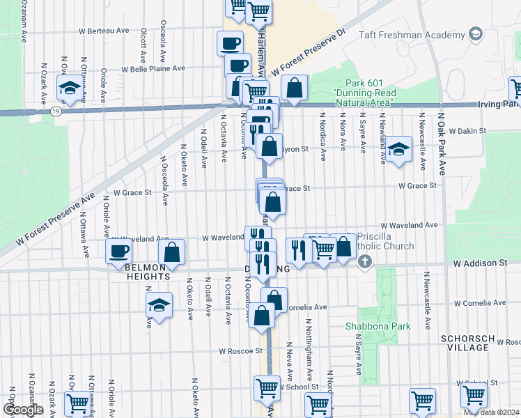 map of restaurants, bars, coffee shops, grocery stores, and more near 3713 North Harlem Avenue in Chicago