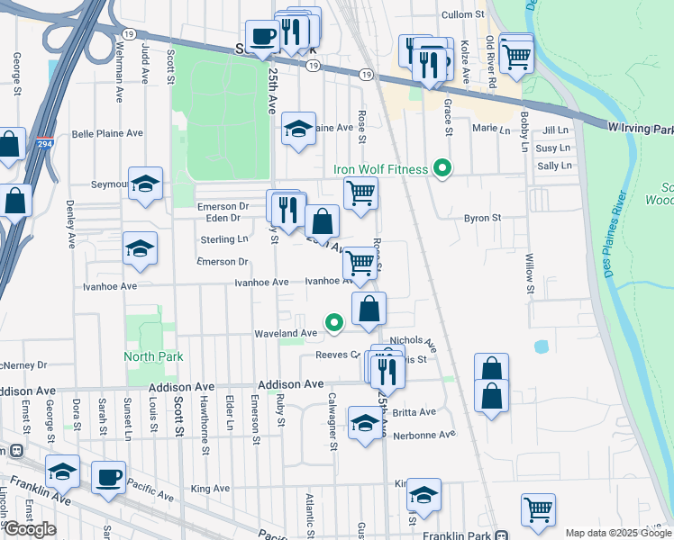 map of restaurants, bars, coffee shops, grocery stores, and more near 9679 Ivanhoe Avenue in Schiller Park