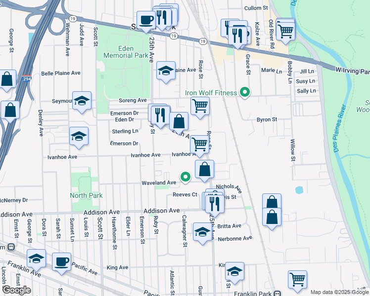 map of restaurants, bars, coffee shops, grocery stores, and more near 9679 Ivanhoe Avenue in Schiller Park