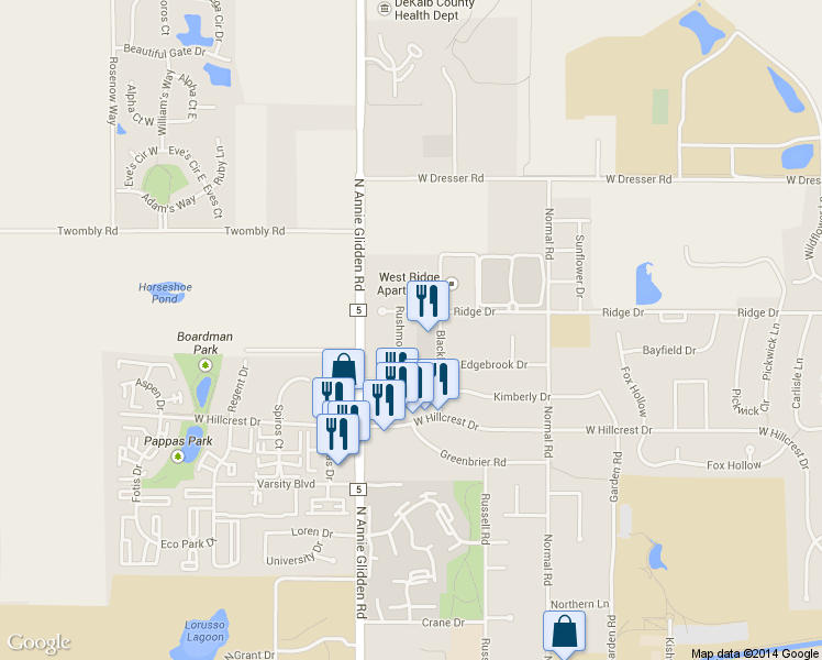 map of restaurants, bars, coffee shops, grocery stores, and more near 1206 Rushmoore Drive in DeKalb