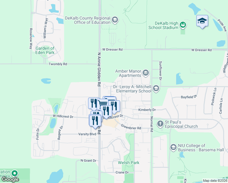 map of restaurants, bars, coffee shops, grocery stores, and more near 1268 Rushmoore Drive in DeKalb