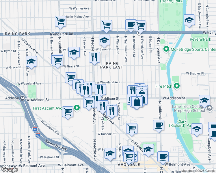 map of restaurants, bars, coffee shops, grocery stores, and more near 3625 North Albany Avenue in Chicago