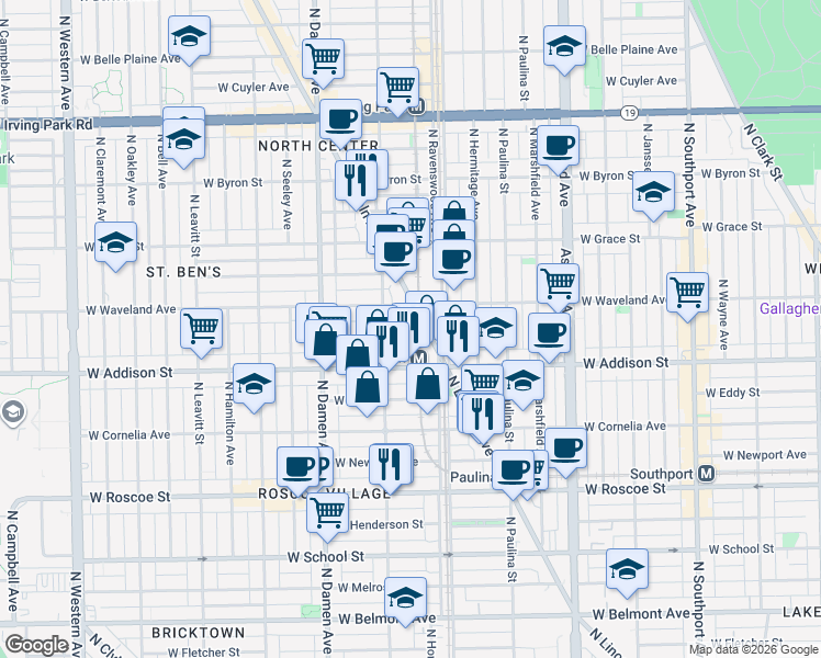 map of restaurants, bars, coffee shops, grocery stores, and more near 1808 West Patterson Avenue in Chicago