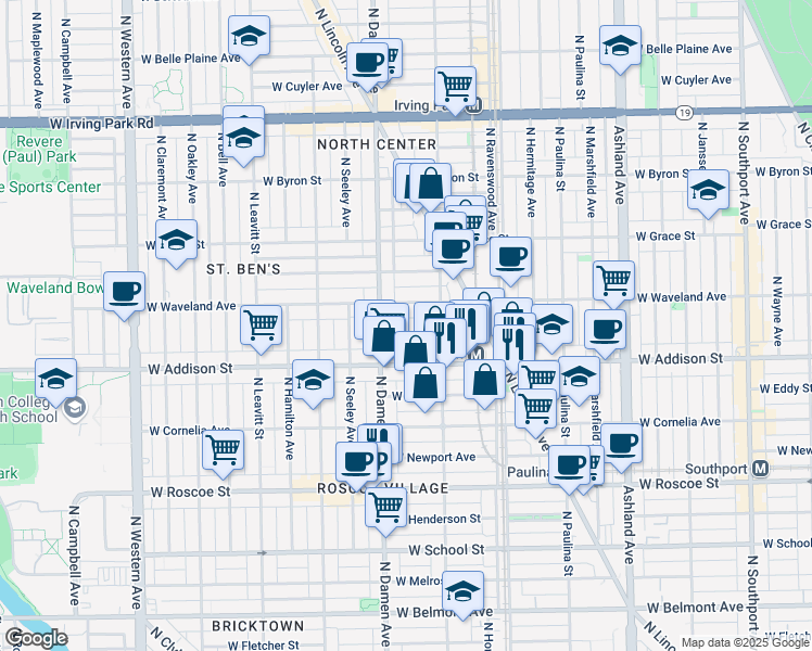 map of restaurants, bars, coffee shops, grocery stores, and more near 1934 West Patterson Avenue in Chicago