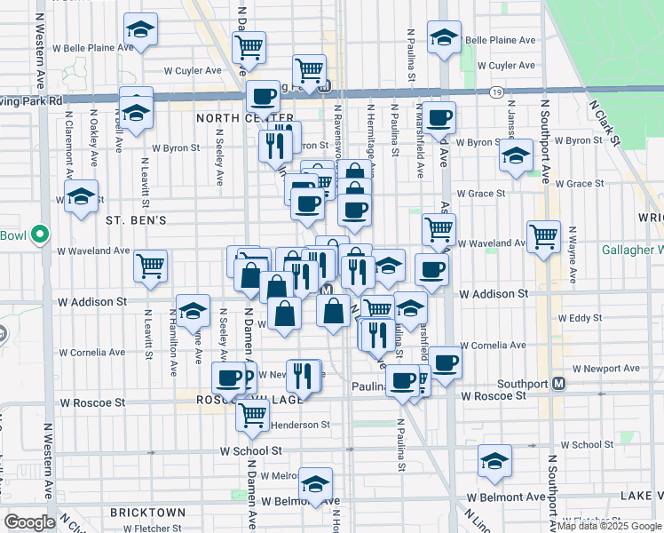 map of restaurants, bars, coffee shops, grocery stores, and more near West Patterson Avenue in Chicago