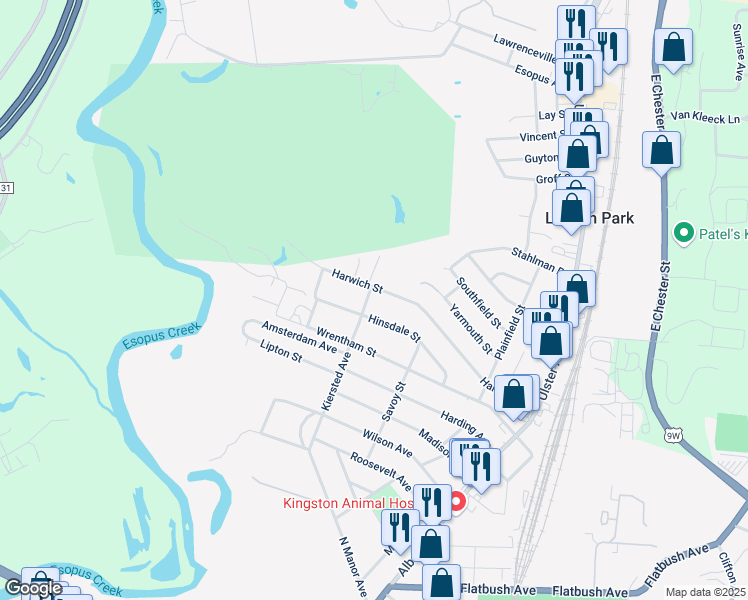 map of restaurants, bars, coffee shops, grocery stores, and more near 595 Kiersted Avenue in Kingston