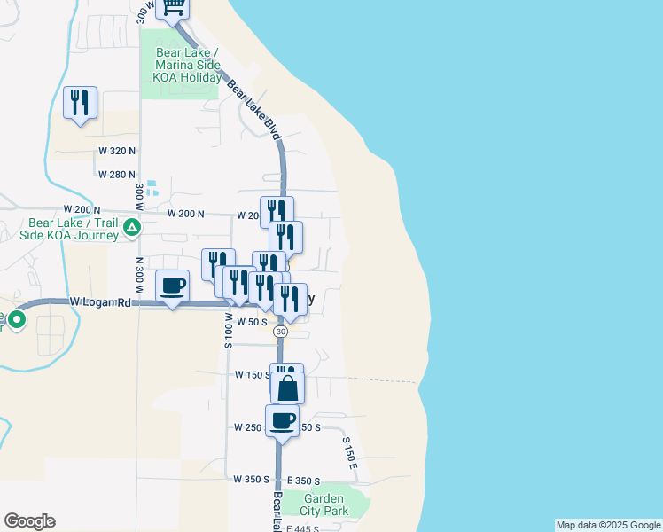 map of restaurants, bars, coffee shops, grocery stores, and more near 101 East 75 North in Garden City